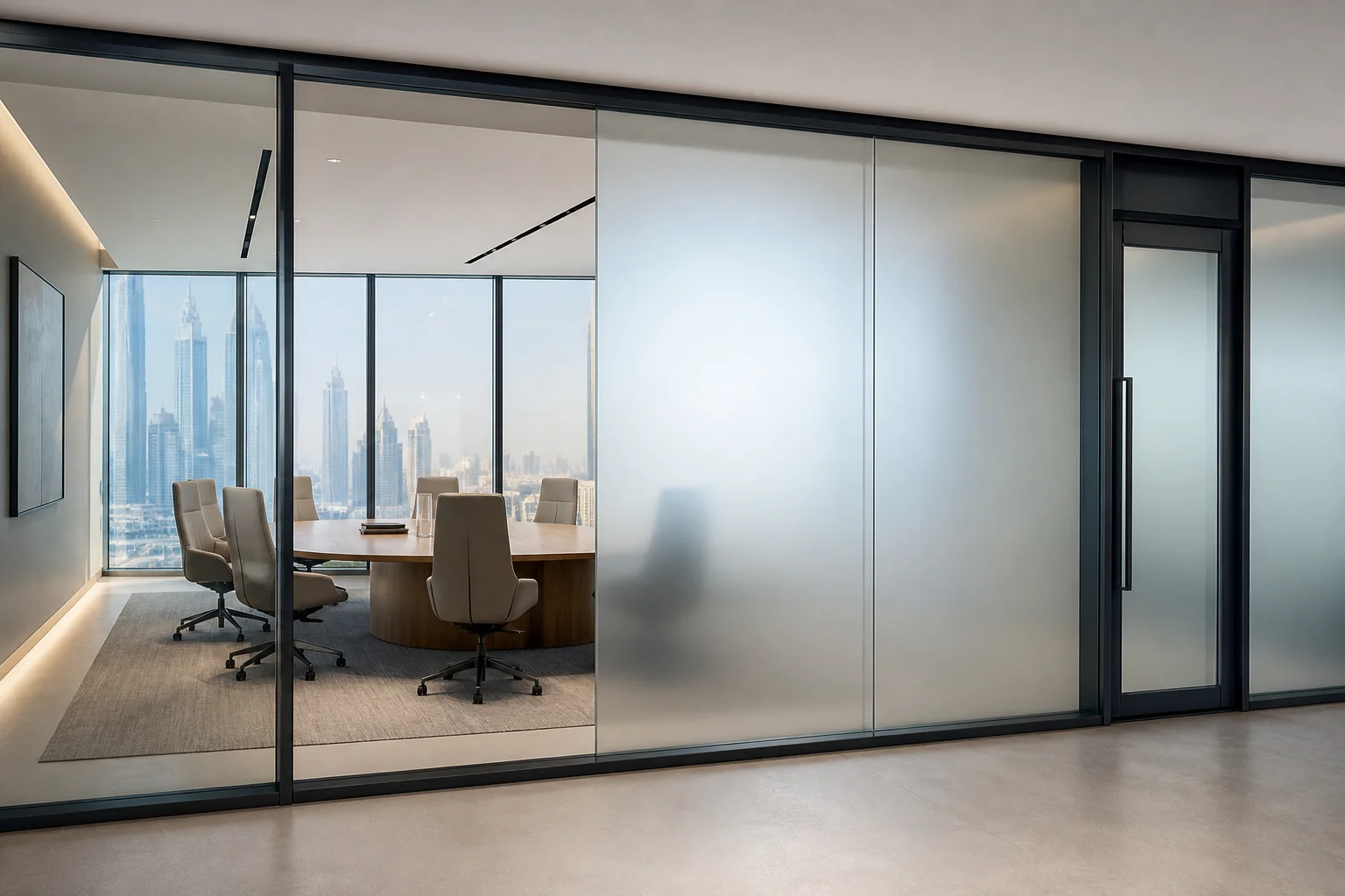 Smart privacy glass transitioning from clear to frosted
